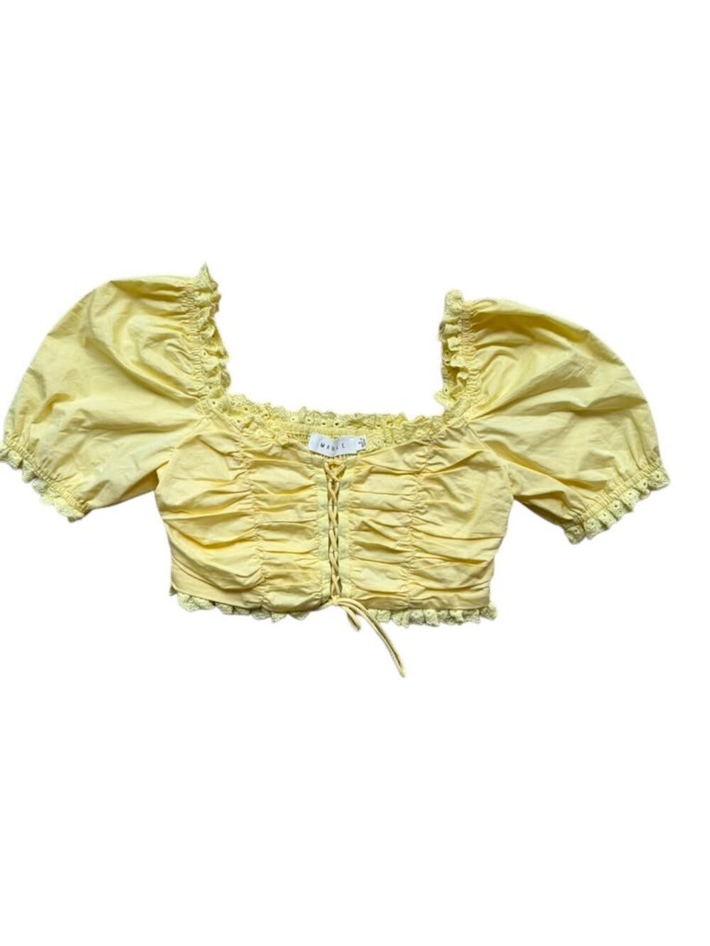 Mable Yellow Puff Sleeve Crop Top Women's S Lace Up Cottagecore Boho Blouse